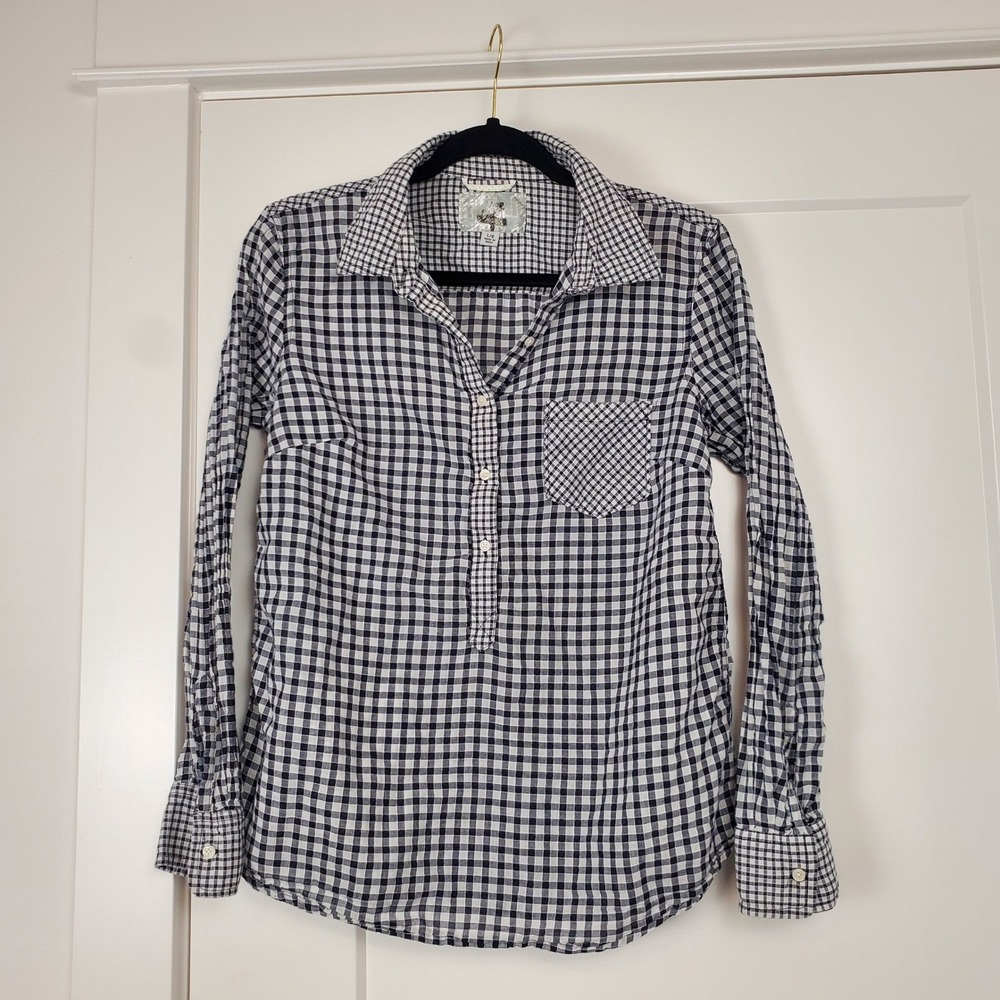 Trovata Gingham Pullover Top Womens Large Navy White Long Sleeve Cotton Blouse